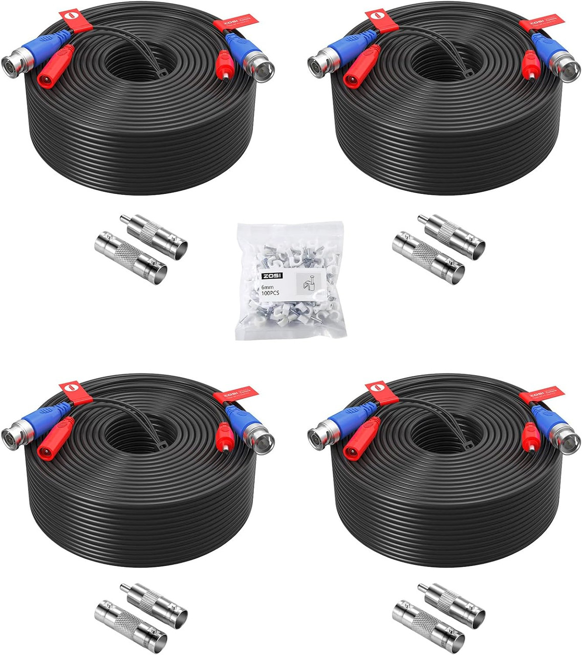 ZOSI  150Feet (45m ) All-in-One CCTV Video (BNC) + Power Cables , Black - 4 Pack Kit - *Pre-Order