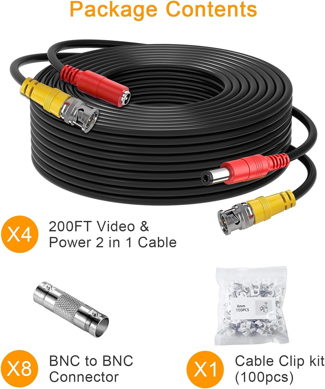 WildHD  200Feet (61m ) All-in-One CCTV Video (BNC) + Power Cables , Black - 4 Pack Kit - *Pre-Order