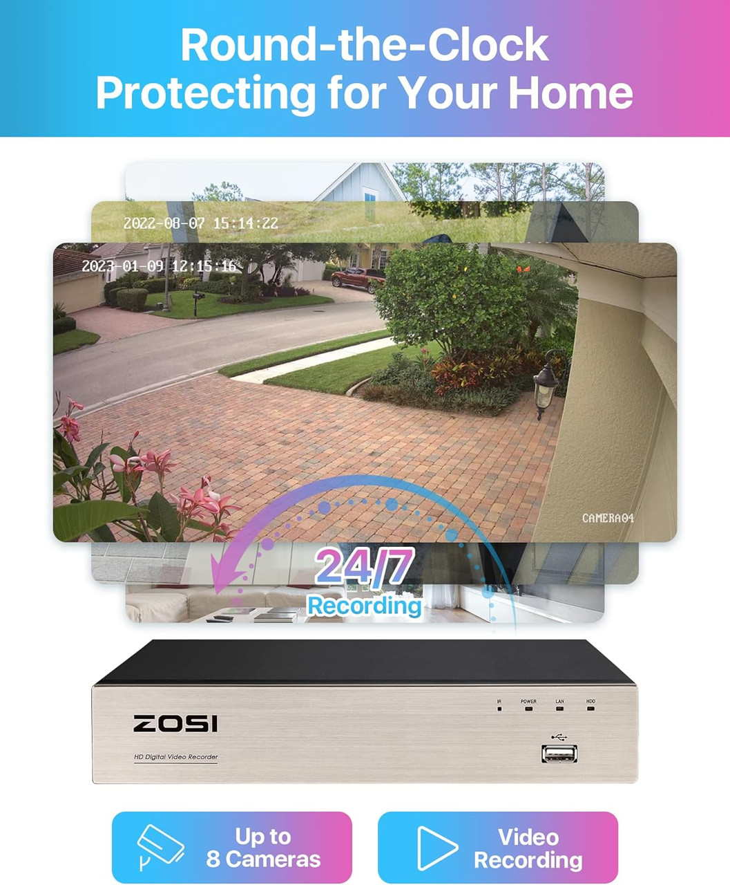 ZOSI 5MP (3K) Lite, 8 CH System, 5MP Lite, 8 Ch Hybrid 4-in1 Surveillance DVR, 4x 2MP 80ft IR Bullet Camera, 4x 60ft Cable , 1TB  HDD - *Pre-Order