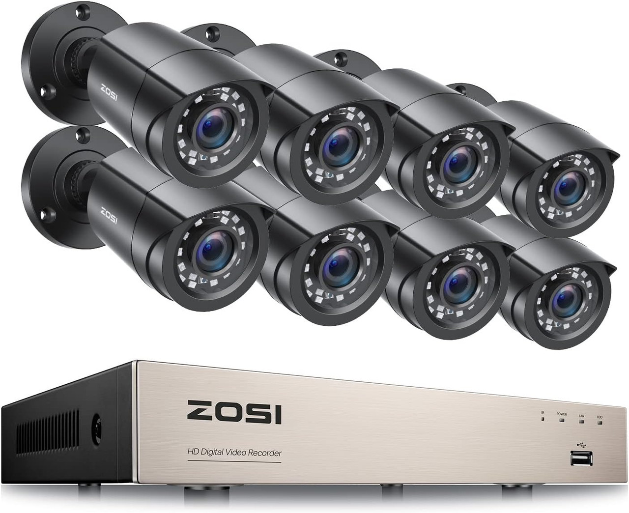 ZOSI 5MP (3K) Lite, 8 CH System, 5MP Lite, 8 Ch Hybrid 4-in1 Surveillance DVR, 8x 2MP  80ft IR Bullet Camera, 8x 60ft Cable , (no HDD) - *Pre-Order