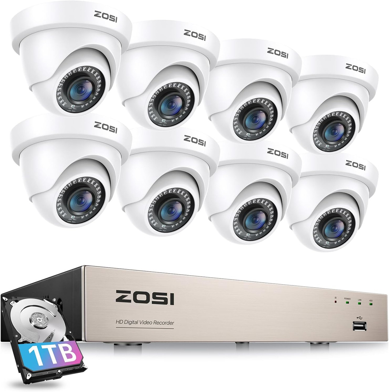 ZOSI 5MP (3K) Lite, 8 CH System, 5MP Lite, 8 Ch Hybrid 4-in1 Surveillance DVR, 8x 2MP  80ft IR Dome Camera, 8x 60ft Cable , 1TB  HDD - *Pre-Order