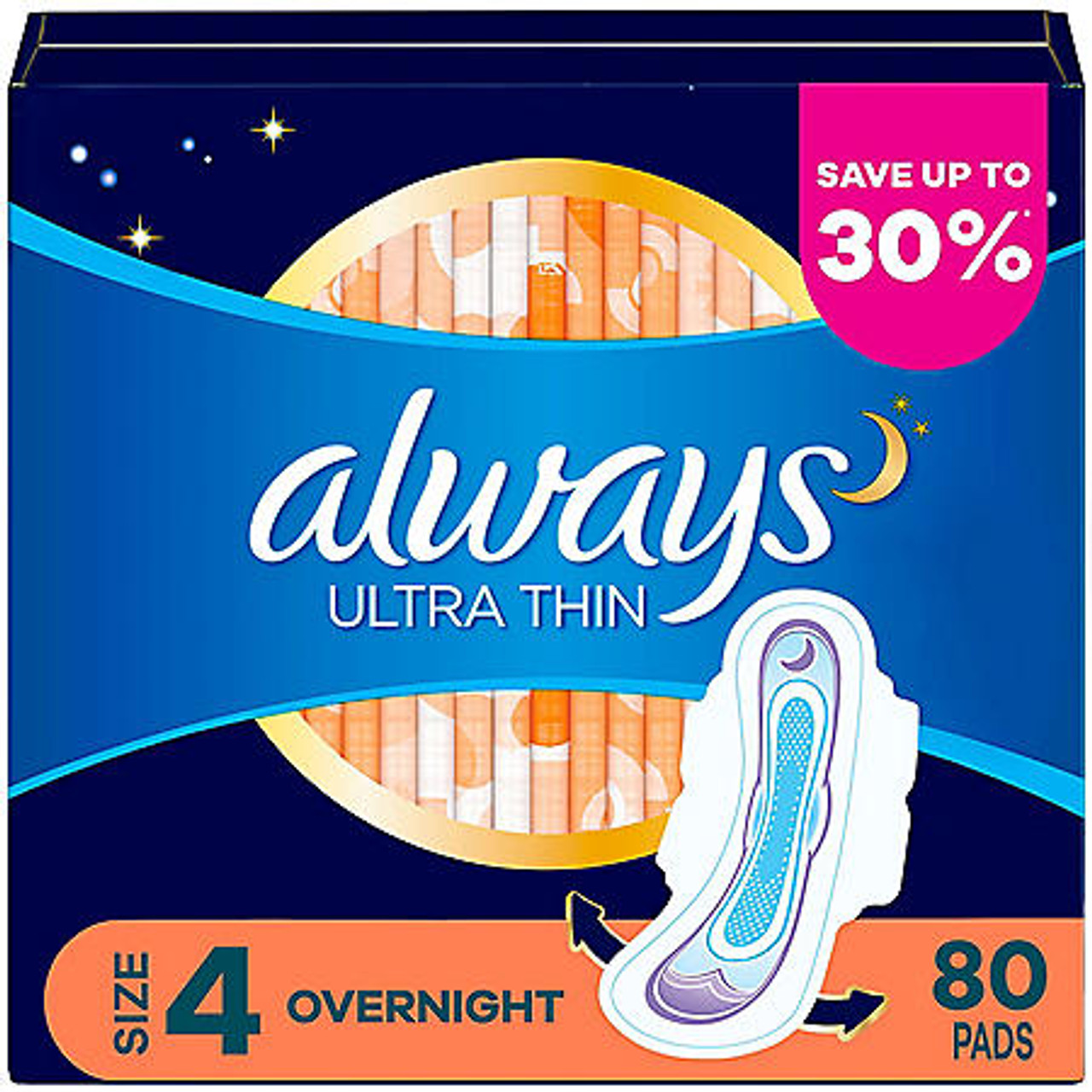 Always Ultra Thin Size 4 Overnight Pads With Wings Unscented (80 ct.) - [From 50.00 - Choose pk Qty ] - *Ships from Miami