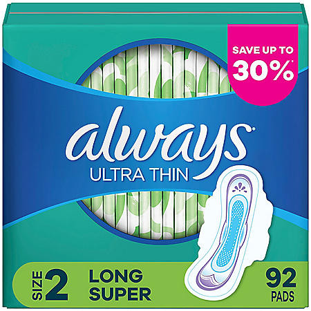 Always Ultra Thin Pads Size 2 Super Long Absorbency Unscented with Wings (92 ct.) - [From 50.00 - Choose pk Qty ] - *Ships from Miami