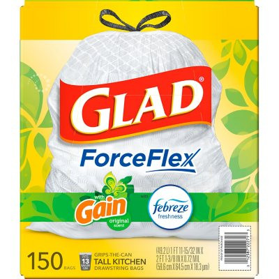 Glad ForceFlex Tall Kitchen Trash Bags, Gain Original Scent with Febreze Freshness (13 gal., 150 ct.) - [From 91.00 - Choose pk Qty ] - *Ships from Miami