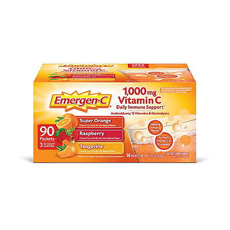 Emergen-C Drink Mix Variety Pack, Super Orange, Raspberry & Tangerine (29.1 oz., 90 ct.) - [From 86.00 - Choose pk Qty ] - *Ships from Miami