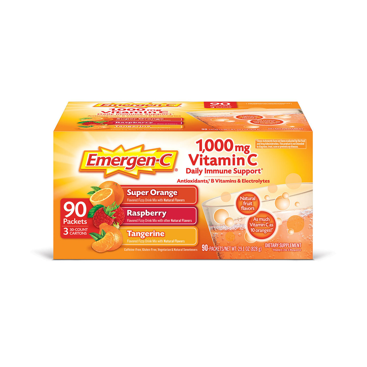 Emergen-C Drink Mix Variety Pack, Super Orange, Raspberry & Tangerine (29.1 oz., 90 ct.) - [From 86.00 - Choose pk Qty ] - *Ships from Miami