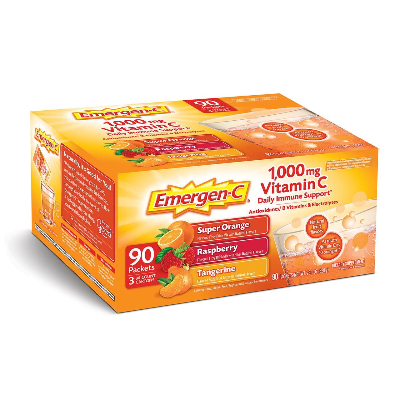 Emergen-C Drink Mix Variety Pack, Super Orange, Raspberry & Tangerine (29.1 oz., 90 ct.) - [From 86.00 - Choose pk Qty ] - *Ships from Miami