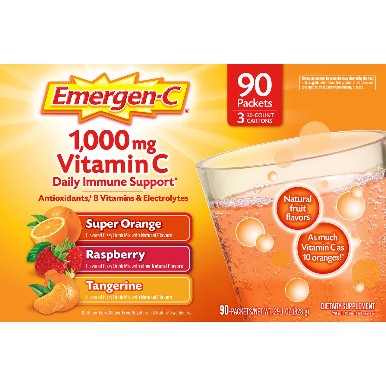 Emergen-C Drink Mix Variety Pack, Super Orange, Raspberry & Tangerine (29.1 oz., 90 ct.) - [From 86.00 - Choose pk Qty ] - *Ships from Miami