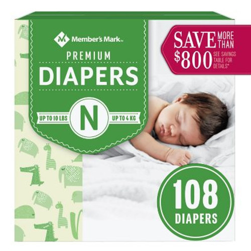 Member's Mark Premium Baby Diapers Newborn - 108 ct. ( >10 lbs.) - [From 107.00 - Choose pk Qty ] - *Ships from Miami