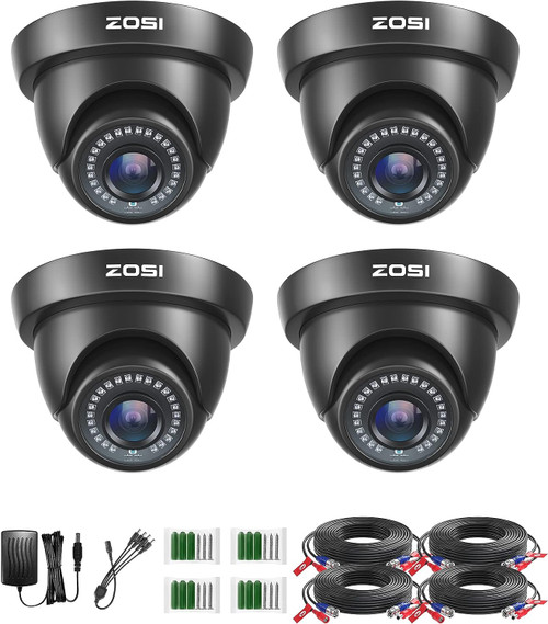 ZOSI  2MP (2K) HD-TVI  3.6mm Dome Security Camera, Indoor Outdoor, 80ft Night Vision, Weatherproof, Black  - 4 Pack Kit - *Pre-Order