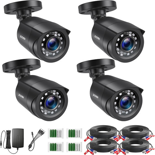 ZOSI  2MP (2K) HD-TVI  3.6mm Bullet Security Camera, Indoor Outdoor, 80ft Night Vision, Weatherproof, Black - 4 Pack Kit - *Pre-Order