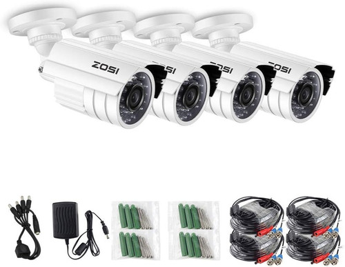 ZOSI  2MP (2K) HD-TVI \CVI\AHD 3.6mm Bullet Security Camera, Indoor Outdoor, 65ft Night Vision, Weatherproof, White - 4 Pack Kit - *Pre-Order