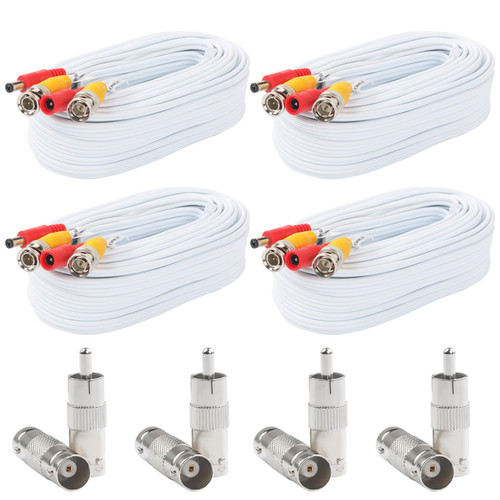 Postta 25Feet (7.6m ) All-in-One CCTV Video (BNC) + Power Cables , White - 4 Pack Kit - [From 70.00 - Choose pk Qty ] - *Ships from Miami