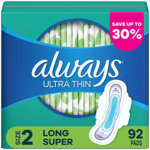 Always Ultra Thin Pads Size 2 Super Long Absorbency Unscented with Wings (92 ct.) - [From 55.00 - Choose pk Qty ] - *Ships from Miami