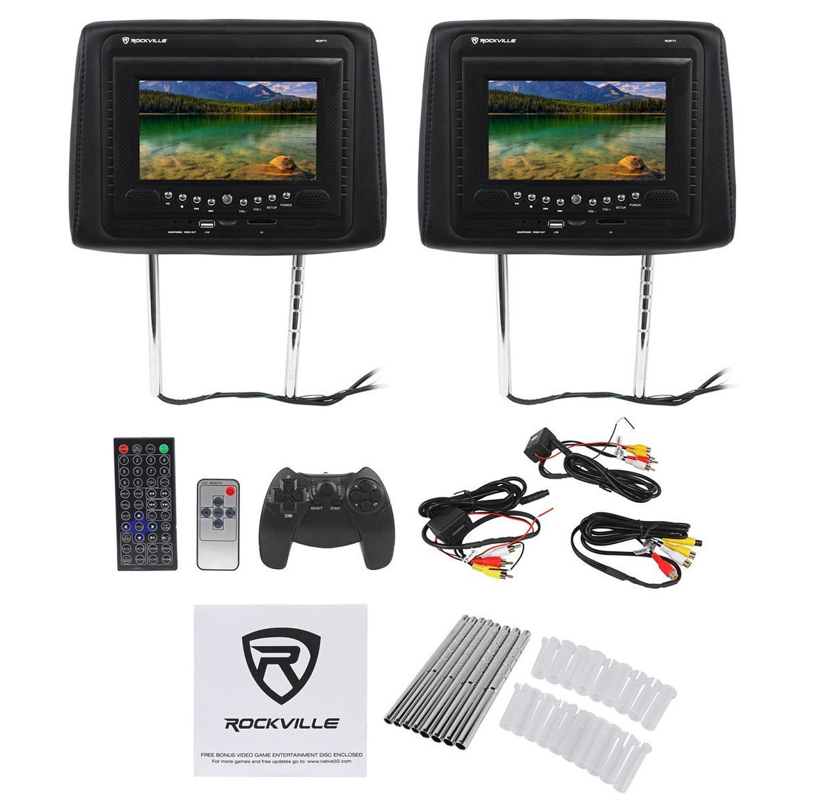 Rockville RDP71BK 7” Black Car Headrest Monitors w/DVD/USB/SD Player+Games