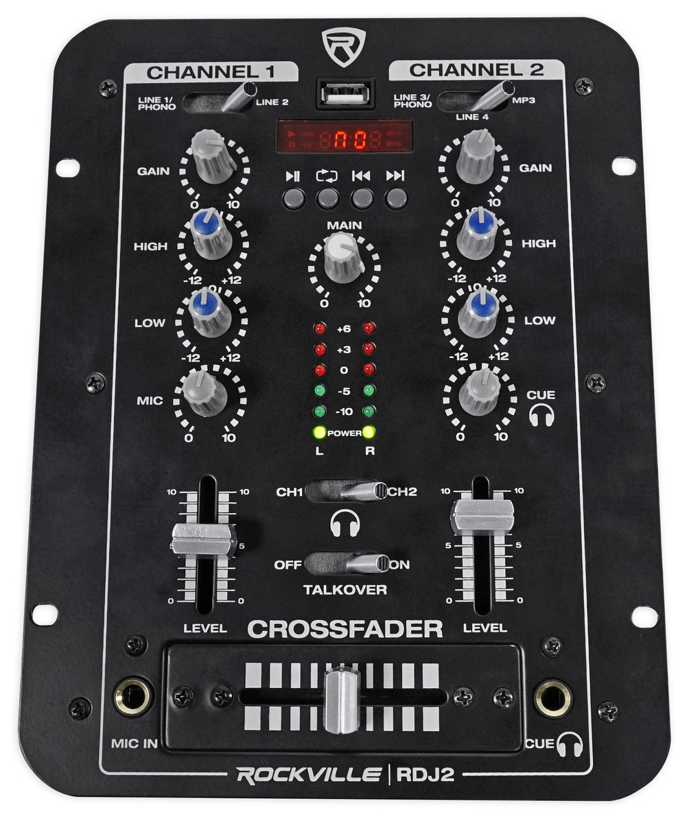 Rockville RDJ2 2 Channel DJ Mixer with USB, Cue Monitor 