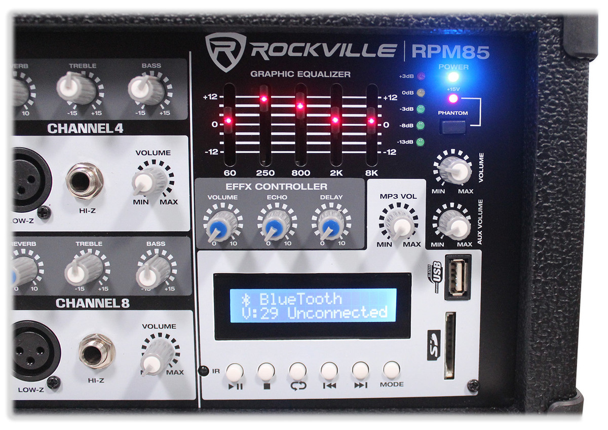 Rockville RPM85 2400w Powered 8 Channel Mixer, USB, 5 Band EQ, Effects ...