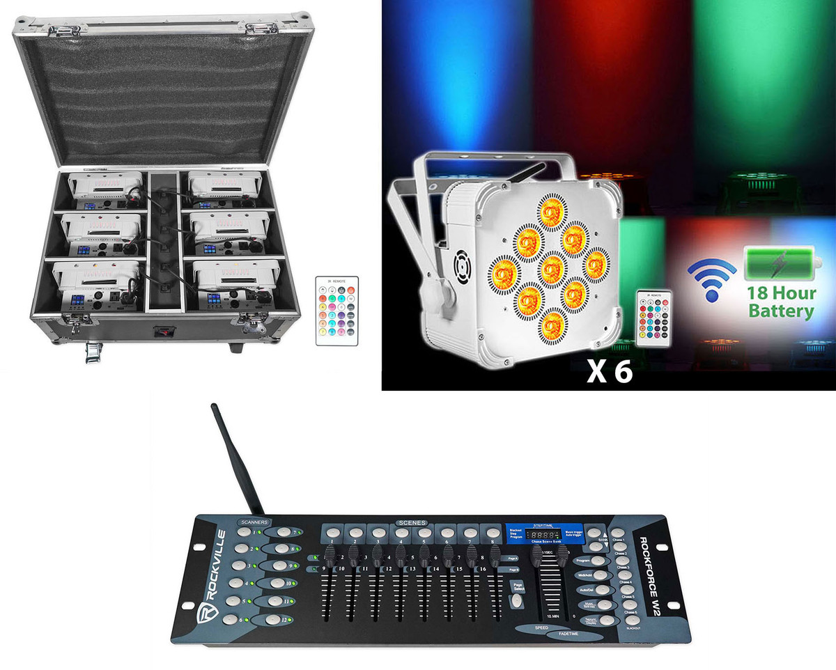 Rockville BEST PACK 60 6) White Rechargeable Lights+Case+Wireless DMX  Controller - Rockville Audio