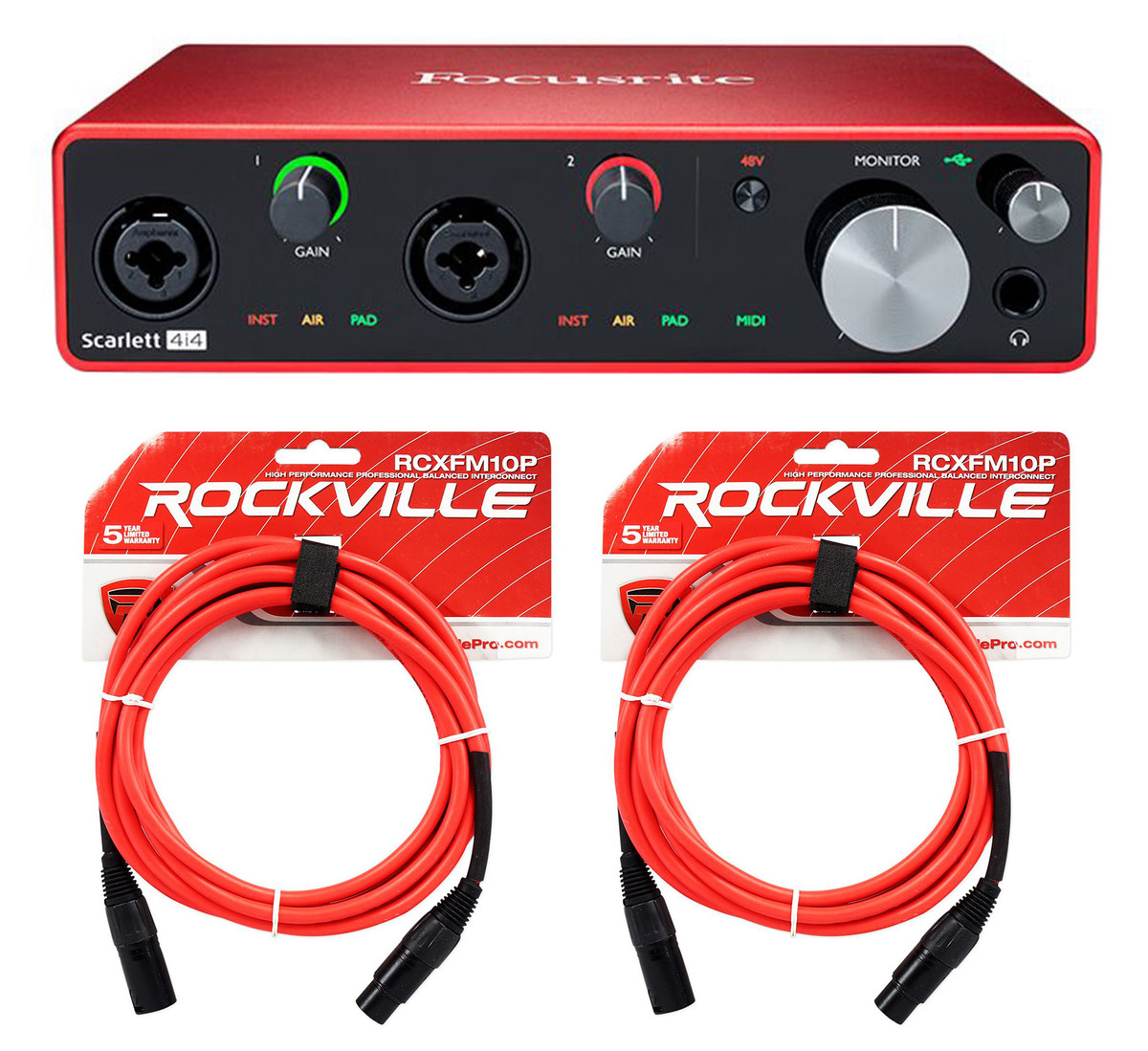 Focusrite SCARLETT 4I4 3rd Gen 192KHz USB Audio Recording Interface and 2  XLR Cables