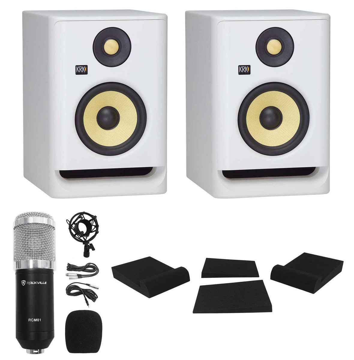 2) KRK ROKIT RP5 G4 5 Studio Monitor DSP Speakers White Noise  Edition+Mic+Pads 379