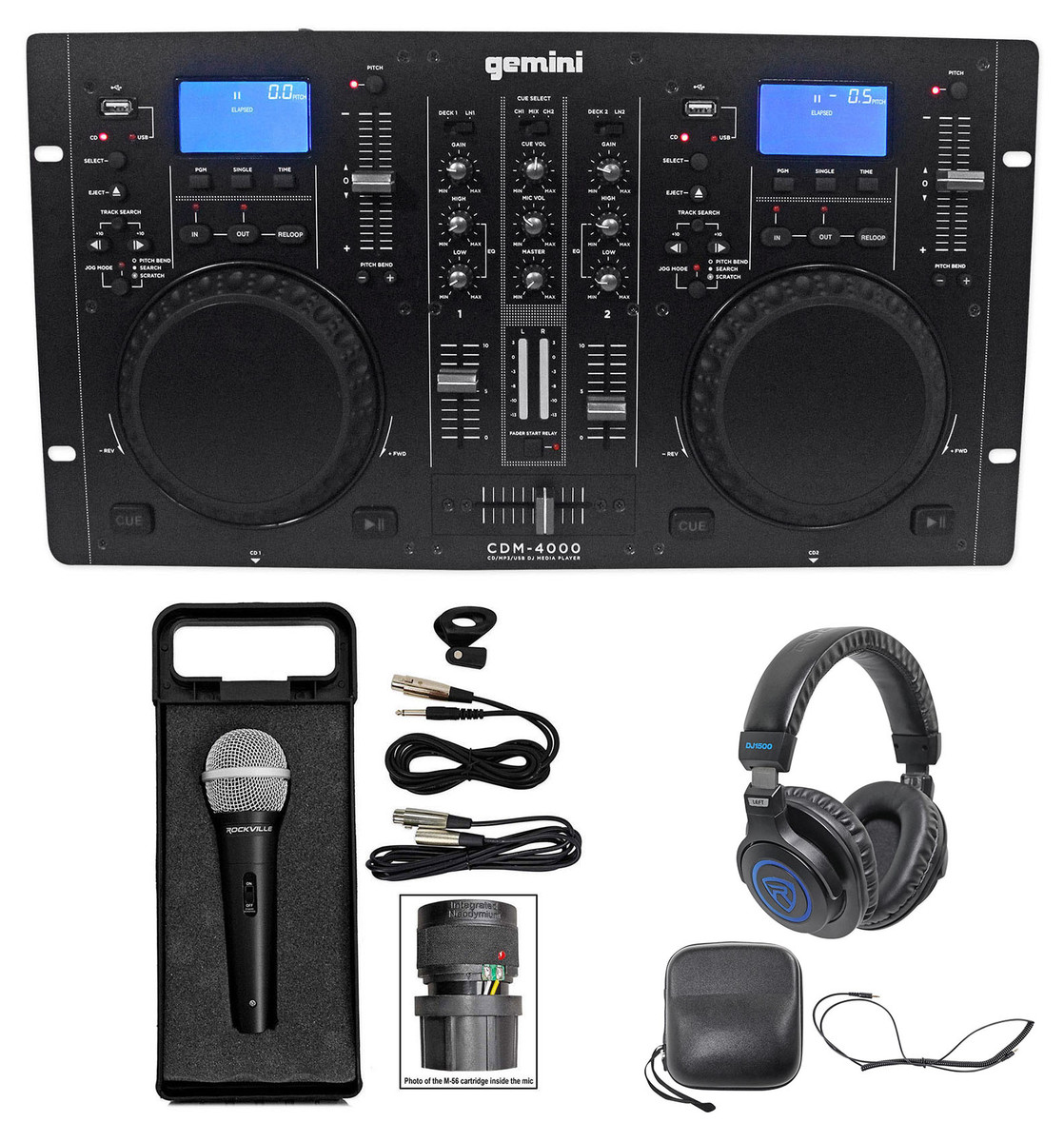 Gemini CDM-4000 2 Ch. Dual DJ Mixer Media Player  MP3/CD/USB+Headphones+Mic+Cable