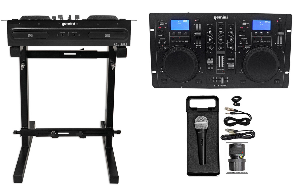 Gemini CDM-4000 2 Ch. Dual DJ Mixer Media Player w/  MP3/CD/USB+Stand+Mic+Cable