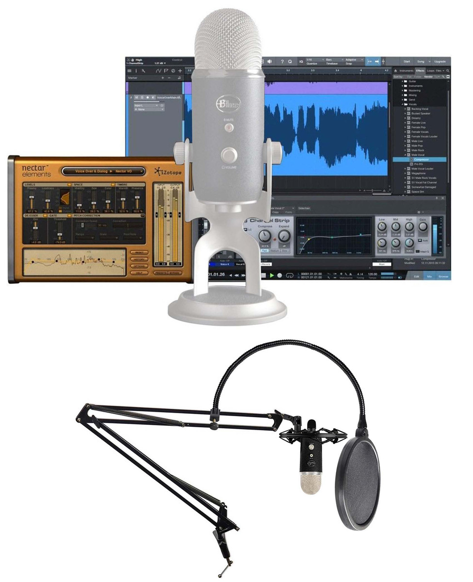 Blue Yeti Microphone (Silver) with Boom Arm Stand, Shock Mount and Pop  Filter Bundle (4 Items),USB