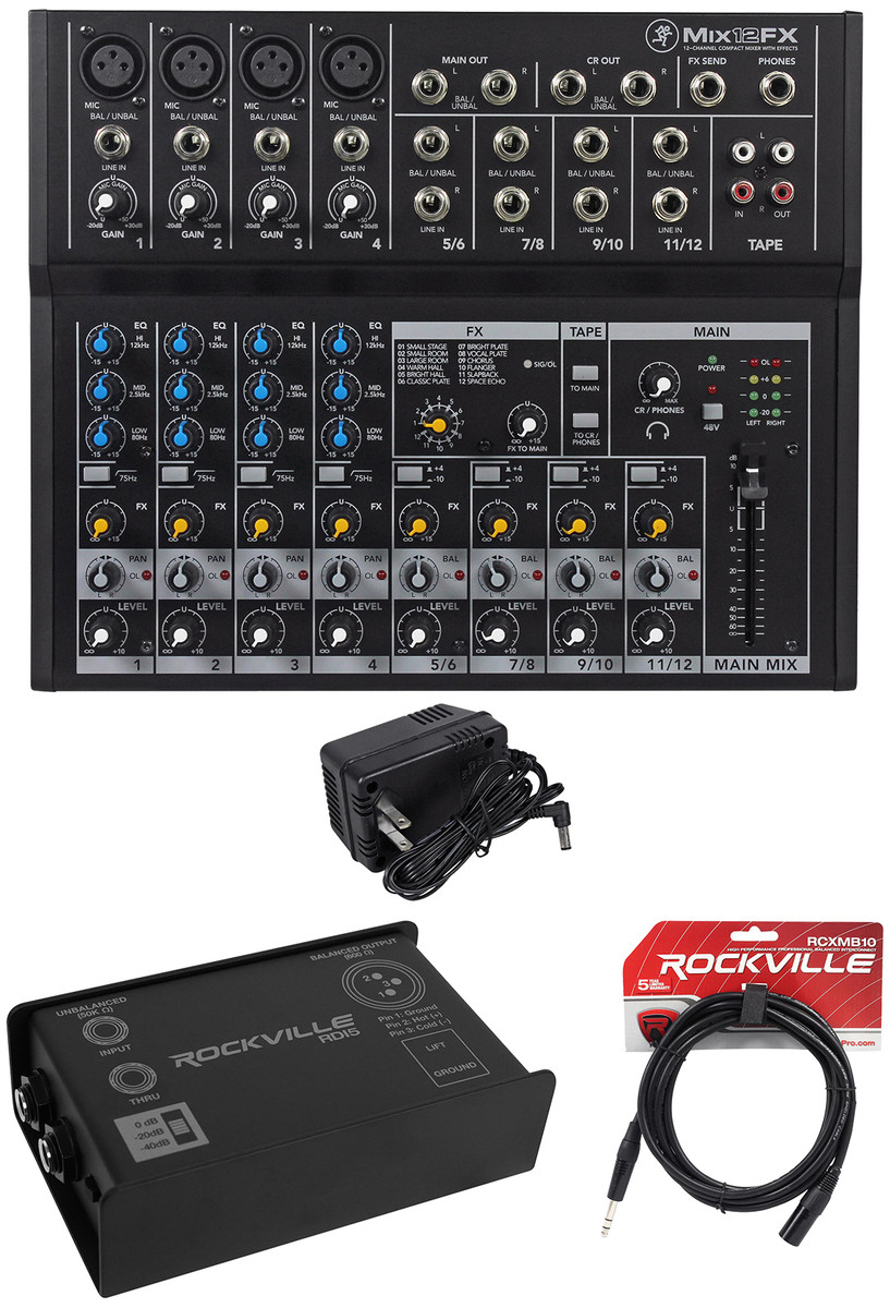 Mackie Mix12FX 12-Channel Mixer w/FX + Rockville DI Box +Cable