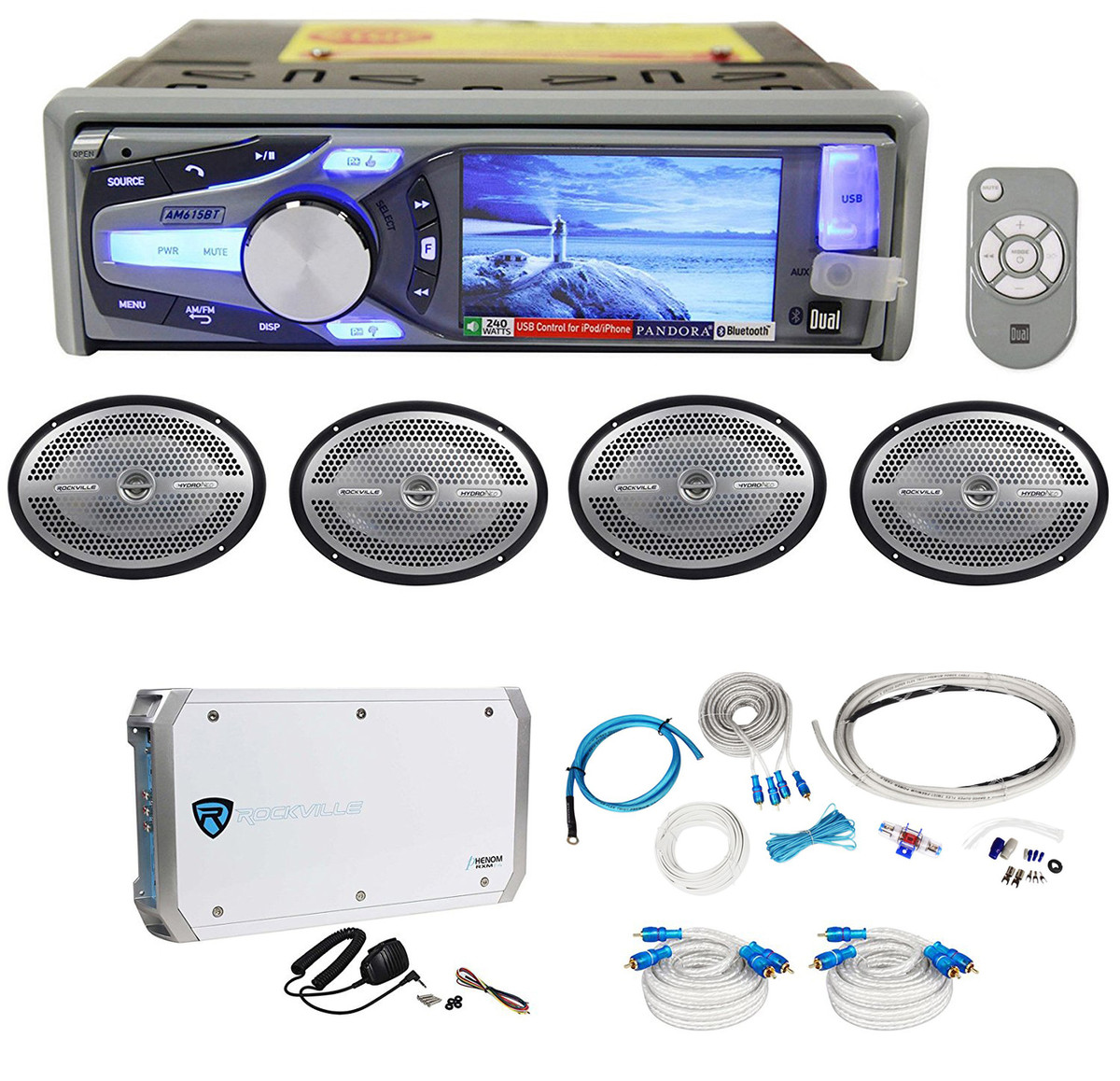 New Dual AM615BT Marine Receiver+4 Rockville 6x9 Boat Speakers+4 Ch.  Amp+Amp Kit