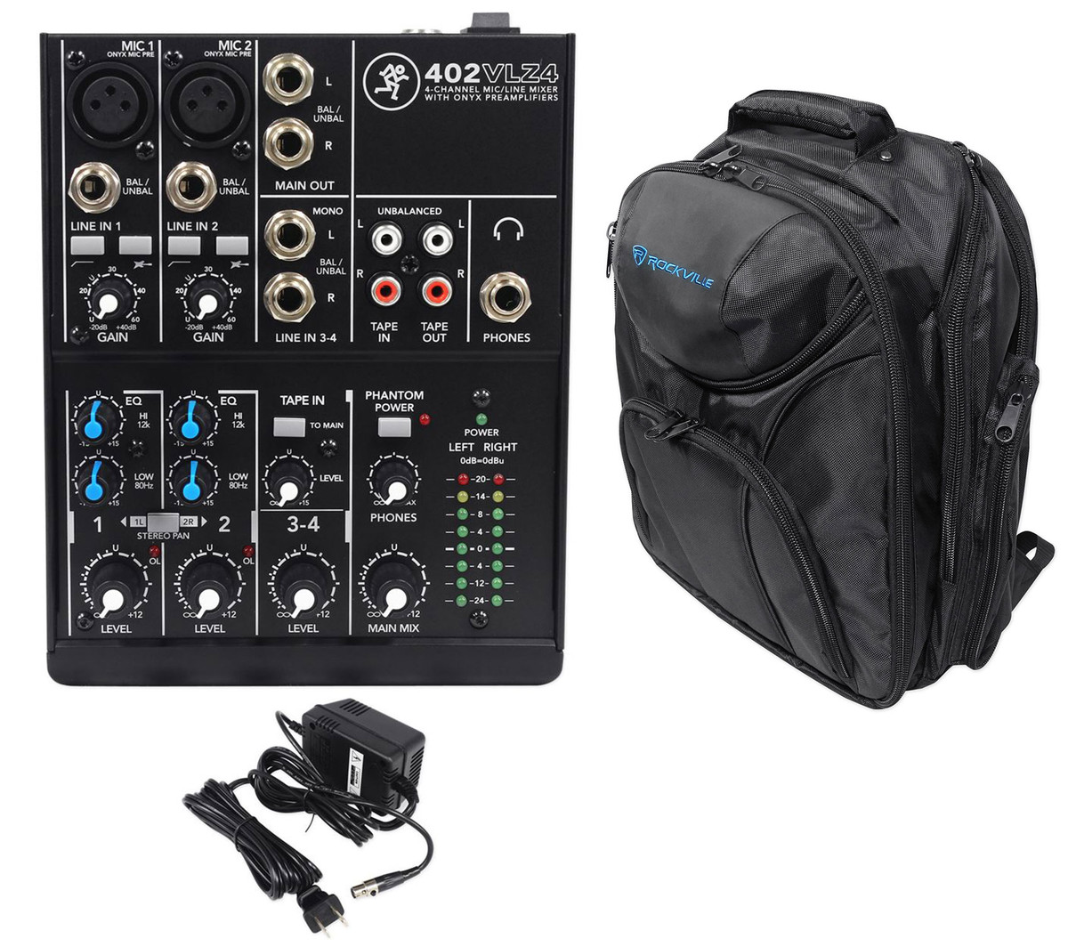 Mackie 402VLZ4 4-channel Compact Analog Mixer w/ 2 ONYX Preamps+Backpack  Case