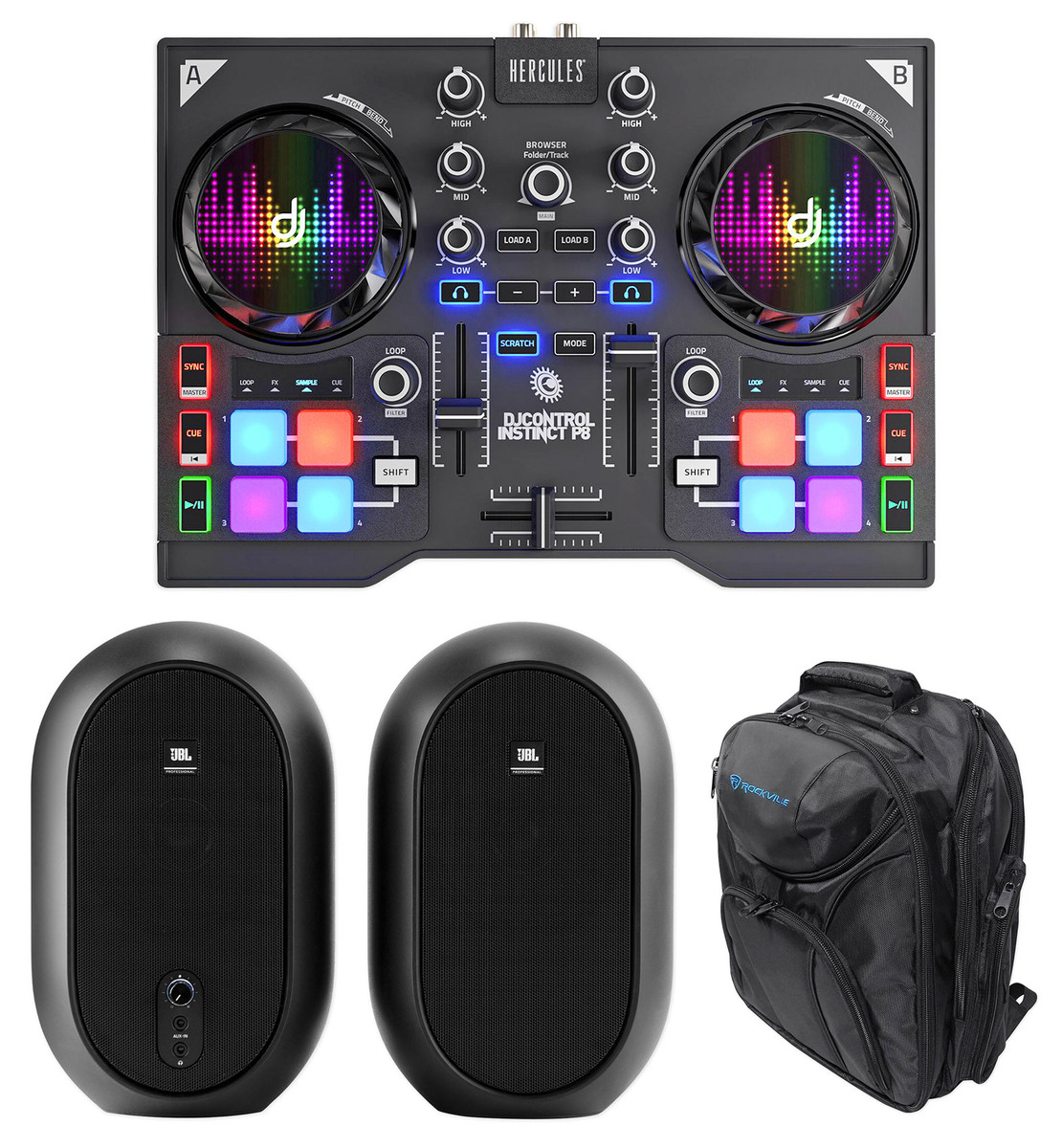 Hercules Instinct P8 2-Deck USB DJ Controller+Pads/Lights+JBL  Monitors+Backpack