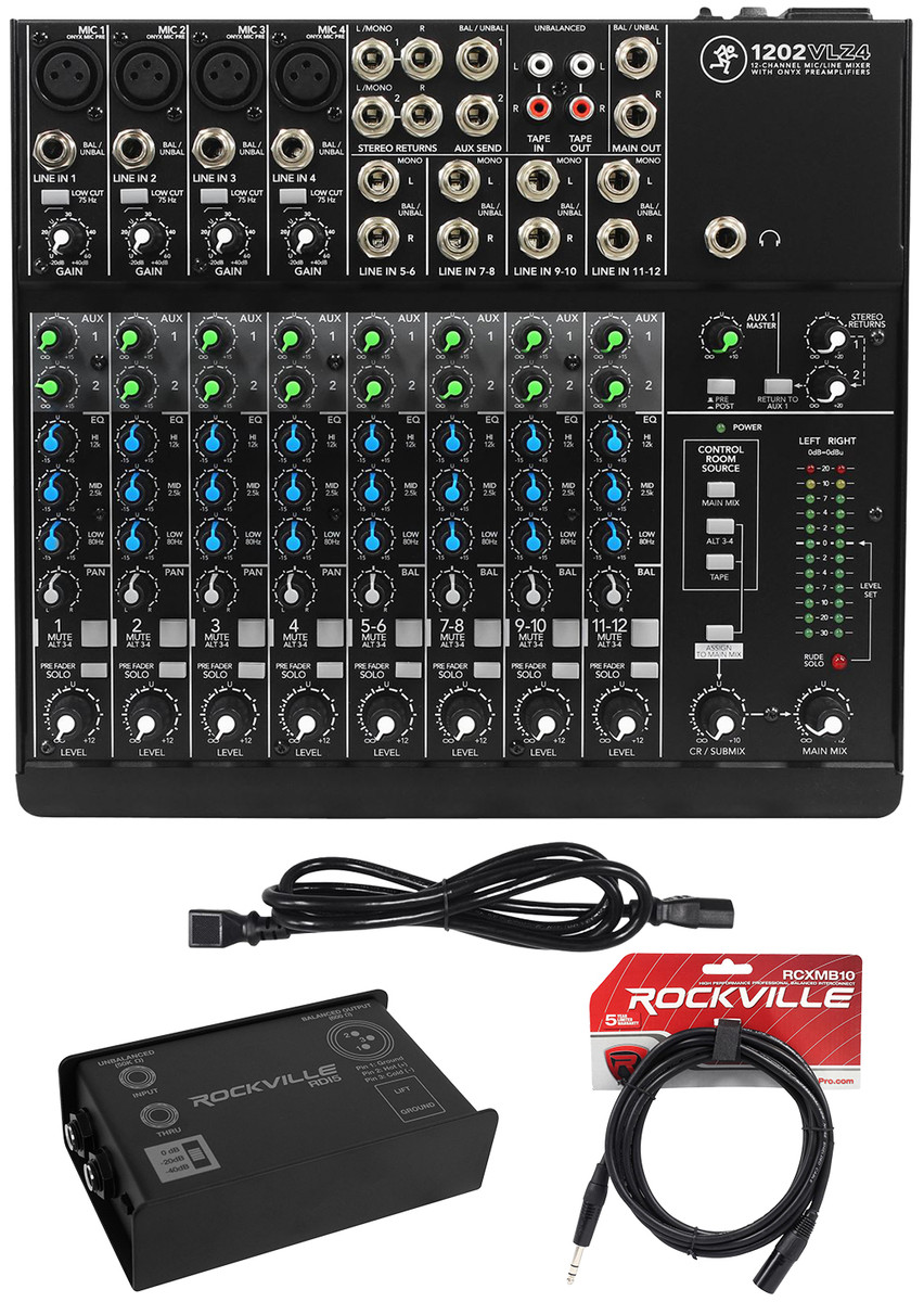 Mackie 1202VLZ4 12-channel Analog Low-Noise Mixer w/4 ONYX Preamps+DI  Box+Cable