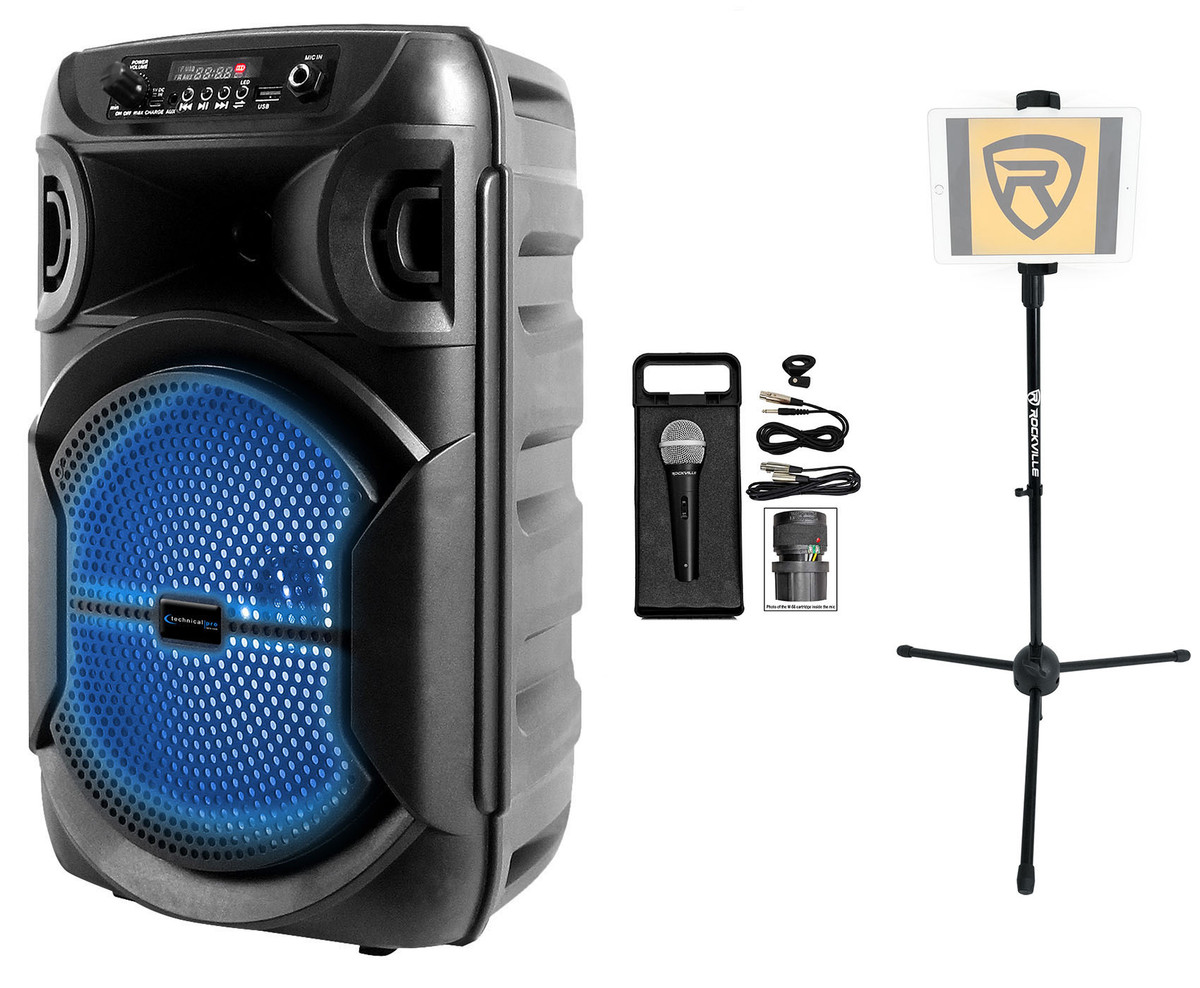 Technical Pro Rechargeable 8 LED Karaoke Machine Speaker System  w/Bluetooth+Mic - Rockville Audio