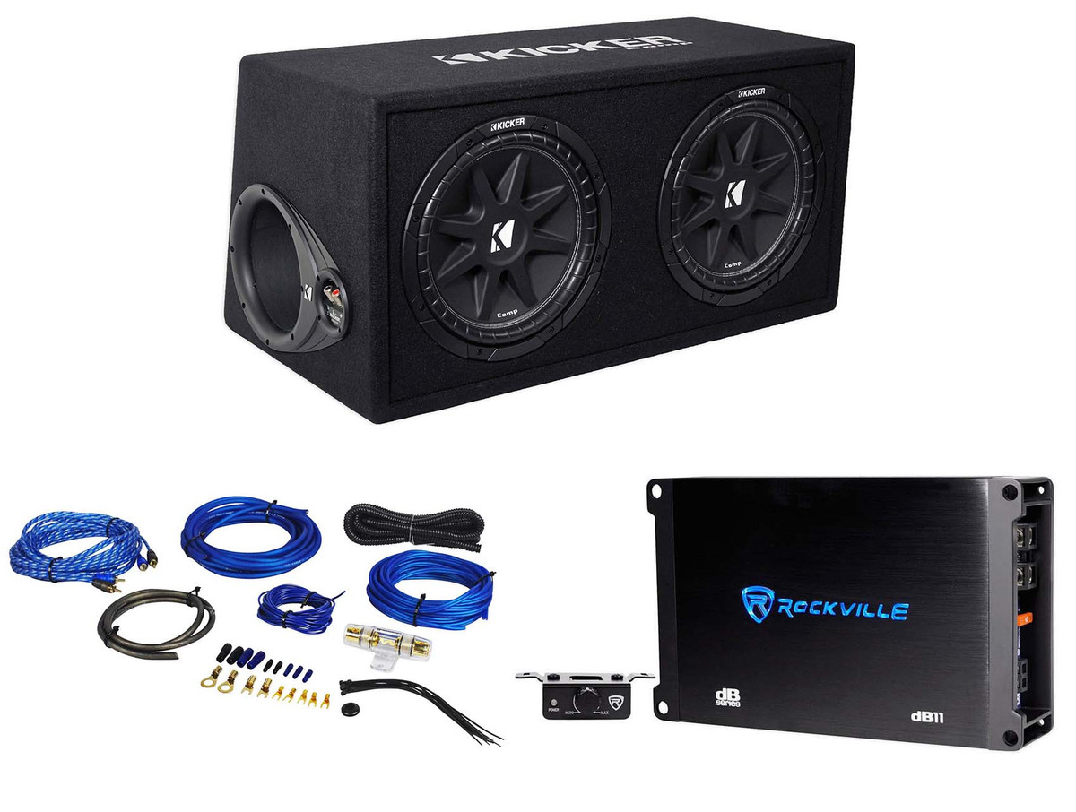 KICKER 43DC122 Comp Dual 12" Subwoofers+Vented Box+Mono Amplifier+Amp Kit - Rockville Audio