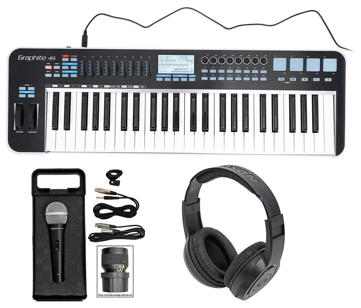 Samson Graphite 49 Key USB MIDI DJ Keyboard  Controller+Headphones+Mic+Cable+Case