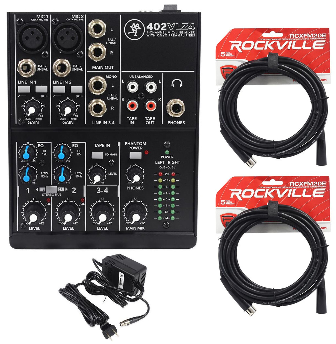 New Mackie 402VLZ4 4-channel Compact Analog Low-Noise Mixer + (2) XLR Cables