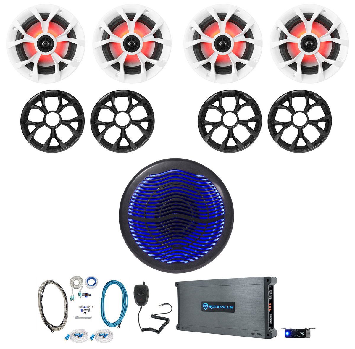 4) Rockville RKL65MBW Marine Boat Speakers w/LED+10 - Main Image