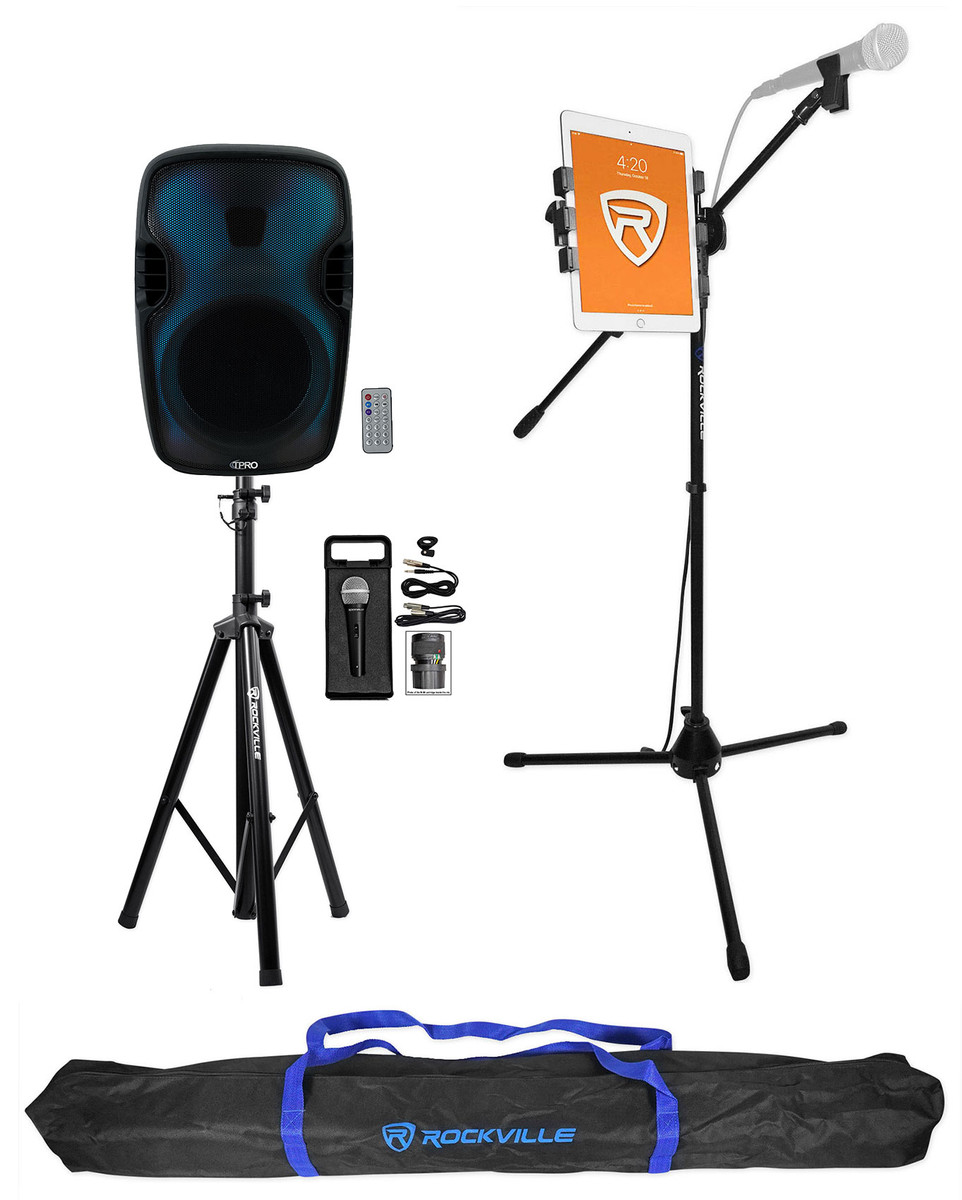 Technical Pro Rechargeable 8 LED Karaoke Machine Speaker System  w/Bluetooth+Mic - Rockville Audio