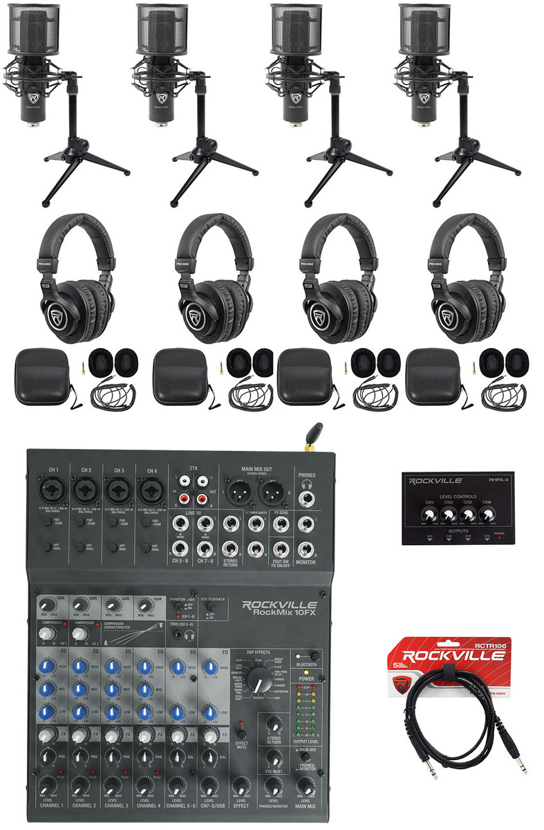 Rockville 4-Person Podcast Podcasting Kit w/USB  Mixer/Interface+Mics+Headphones