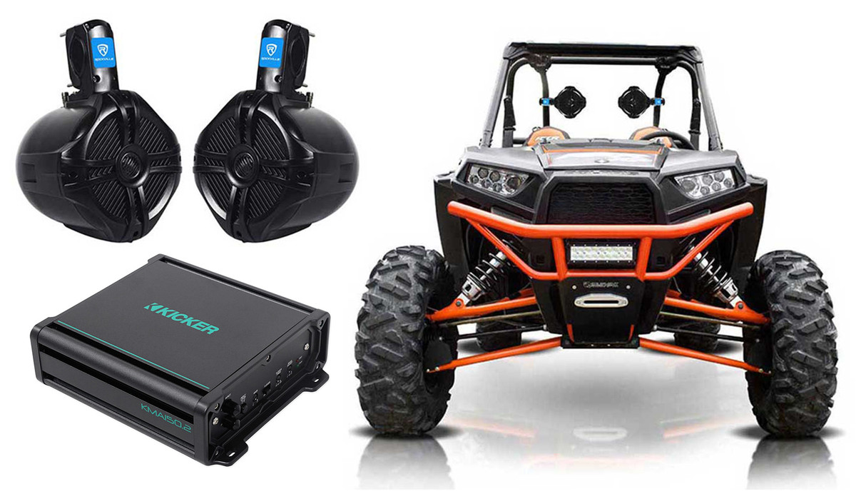 Pair Rockville 6.5" Tower Speakers+Kicker 2Ch. Amp for Polaris RZR/ATV