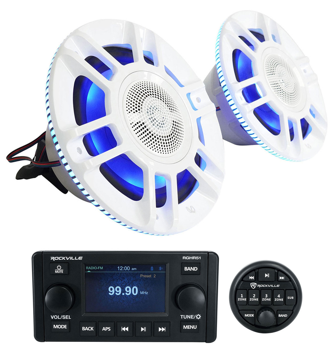 2 KAPPA 8130M 8" 500w Marine Speakers w/LED's+5-Zone Bluetooth Receiver - Audio