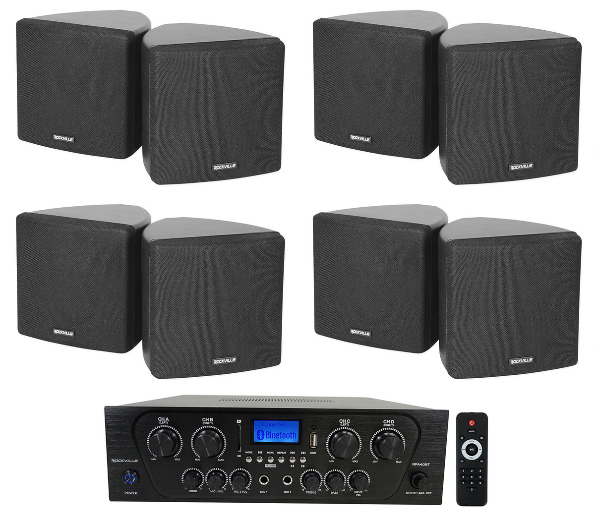 Rockville RPA40BT 4-Room Home Audio Kit Receiver+(8) Black Wall Cube  Speakers