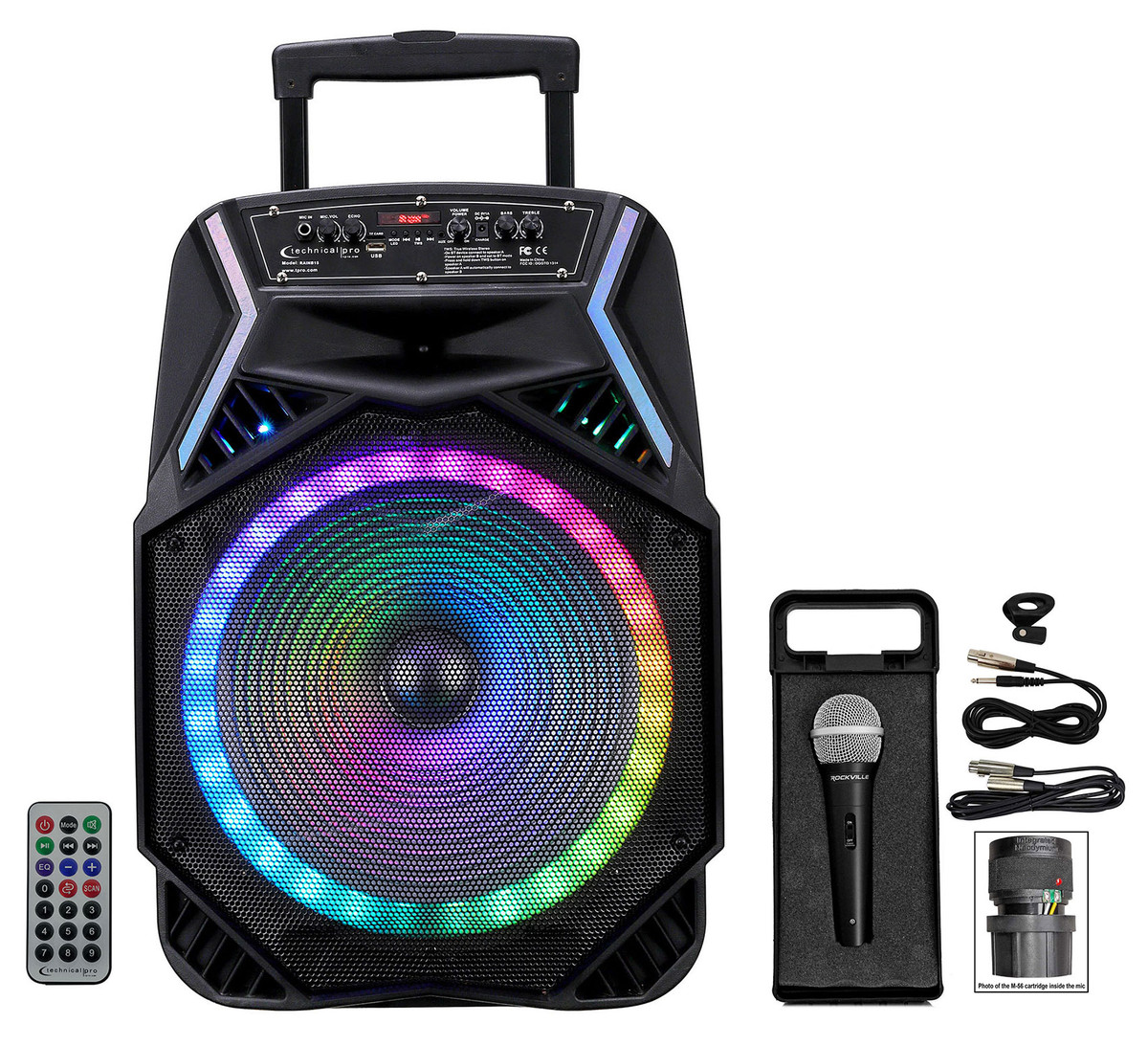 Technical Pro Rechargeable 8 LED Karaoke Machine Speaker System  w/Bluetooth+Mic - Rockville Audio