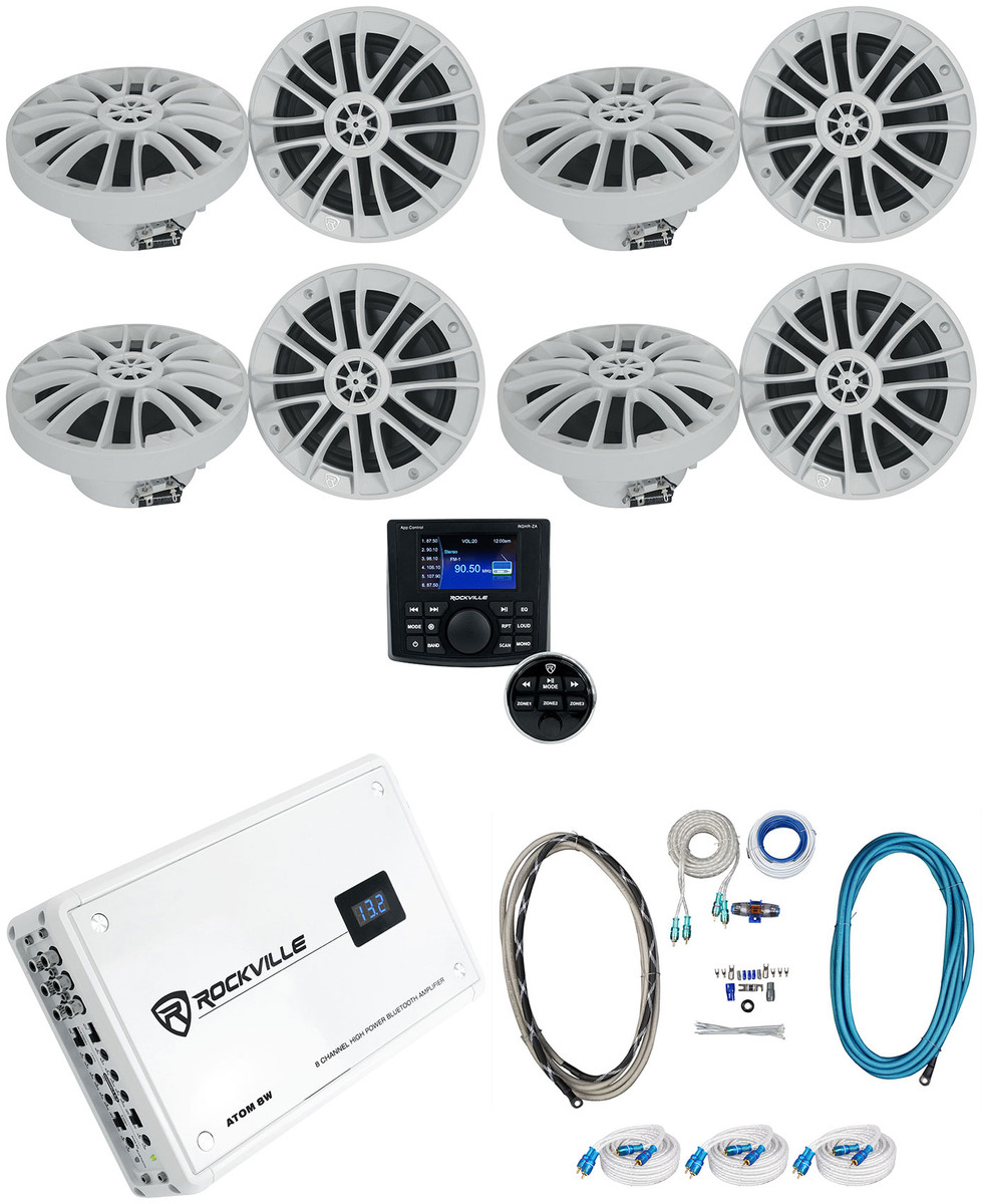 8) Rockville RM-PREMIUM-65 WHITE Marine Boat Speakers+Amp+4