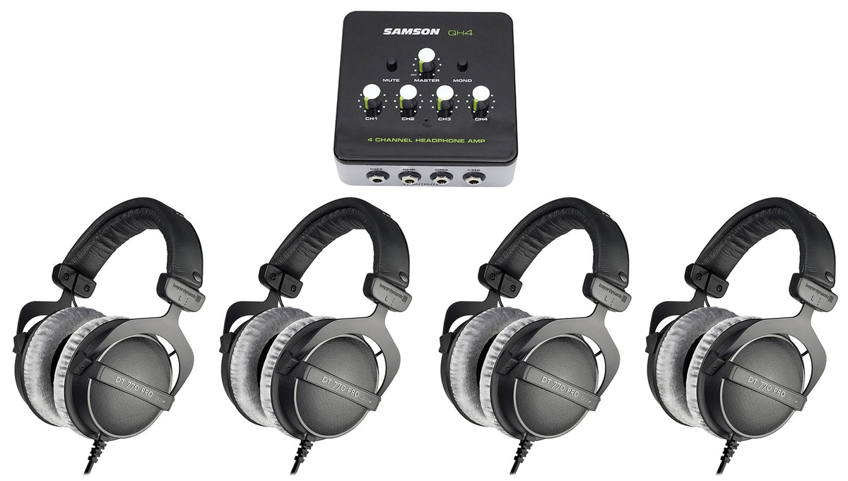 (4) Beyerdynamic DT-770-PRO-250 Studio Tracking Headphones+Samson Headphone Amp