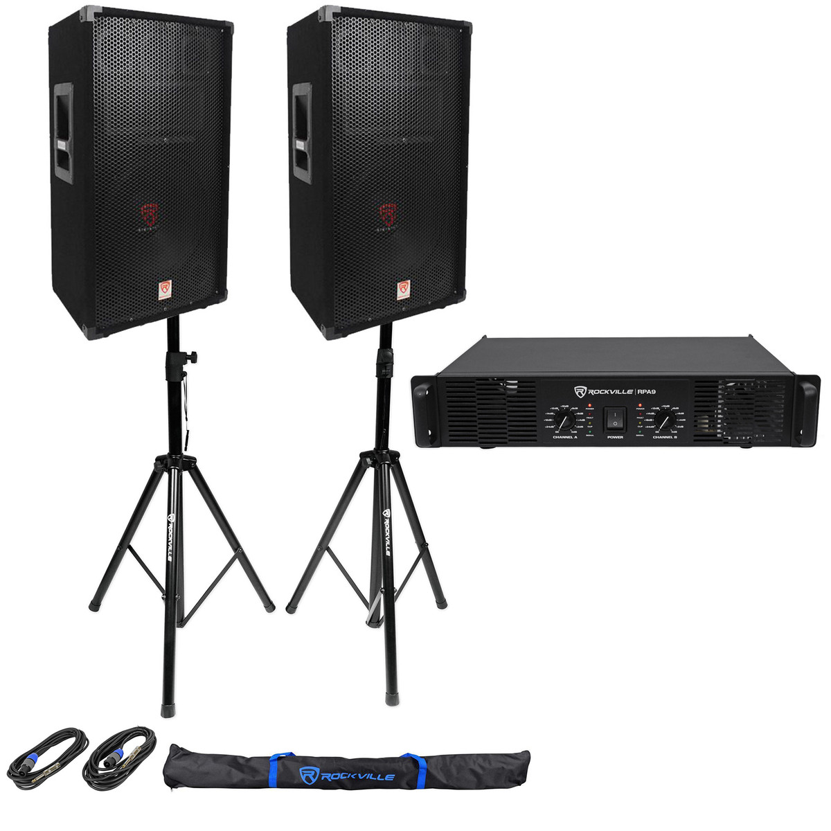 (2) Rockville RSG12 PA Speakers + Rockville RPA9 DJ Amp + Stands ...