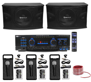 (2) Rockville 10" 3-Way 1200w Karaoke Speakers+Vocopro Amplifier Mixer+(3) Mics