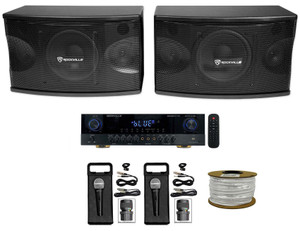 (2) Rockville KPS80 8" Karaoke Vocal Speakers+Bluetooth Amplifier Mixer+(2) Mics + Rockville R14GSBR100 Red/Blk 14 Gauge 100' Ft. Mini Spool Car Audio Speaker Wire