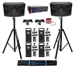 Vocopro Karaoke Machine System w/Amplifier+Rockville 12" Speakers+Stands+4) Mics + Rockville R14GSBR100 Red/Blk 14 Gauge 100' Ft. Mini Spool Car Audio Speaker Wire