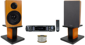 Rockville RPA60BT Receiver+(2) 6.5" Wood Bookshelf Speakers+8" Wood Stands + Rockville R14GSBR100 Red/Blk 14 Gauge 100' Ft. Mini Spool Car Audio Speaker Wire